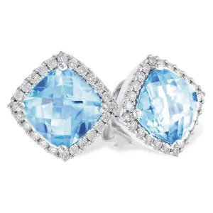 Checkerboard Aquamarine with Diamond Halo Studs