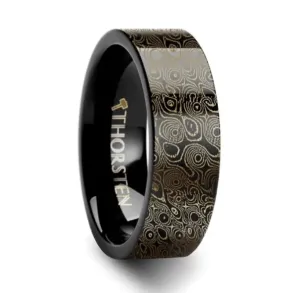 Circular Damascus Steel Engraved Pattern Black Tungsten Engraved Ring - 8mm