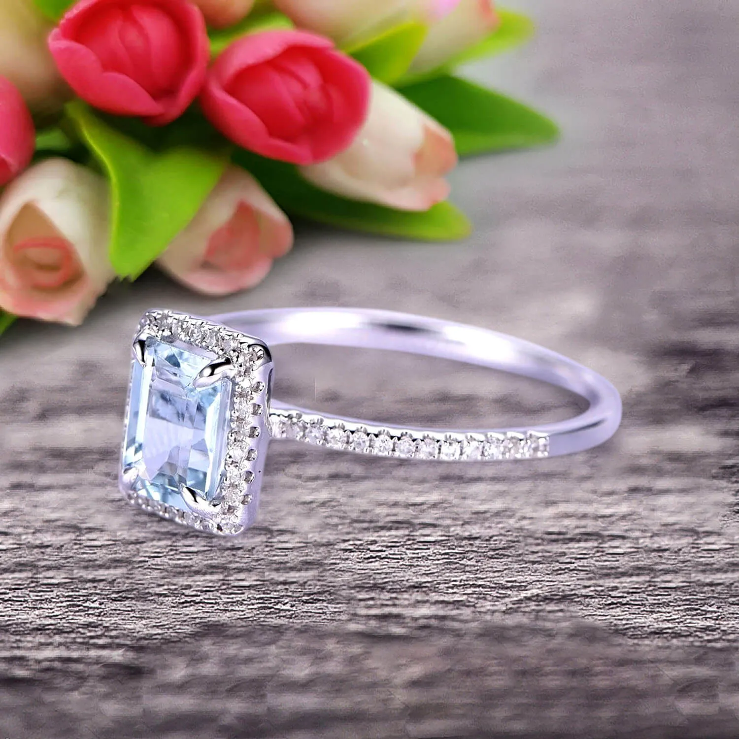 Classic And Stunning Look 10k White Gold 1.5 Carat Emerald Cut Aquamarine Engagement Ring