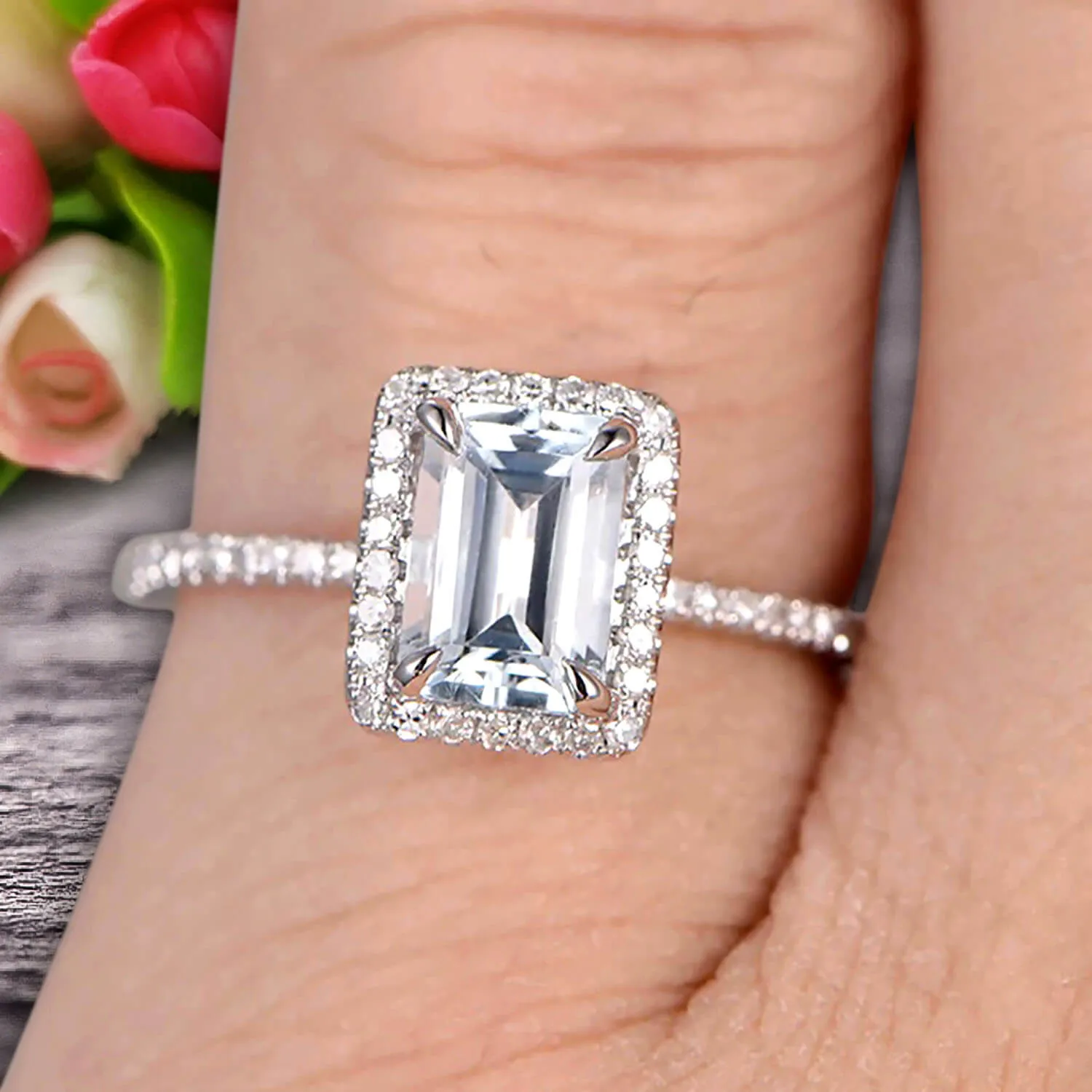 Classic And Stunning Look 10k White Gold 1.5 Carat Emerald Cut Aquamarine Engagement Ring