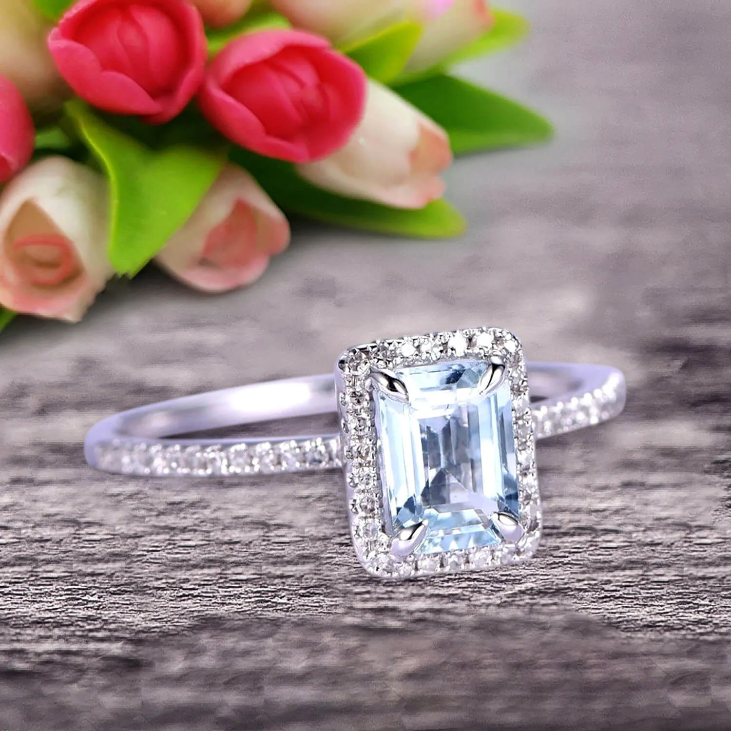 Classic And Stunning Look 10k White Gold 1.5 Carat Emerald Cut Aquamarine Engagement Ring