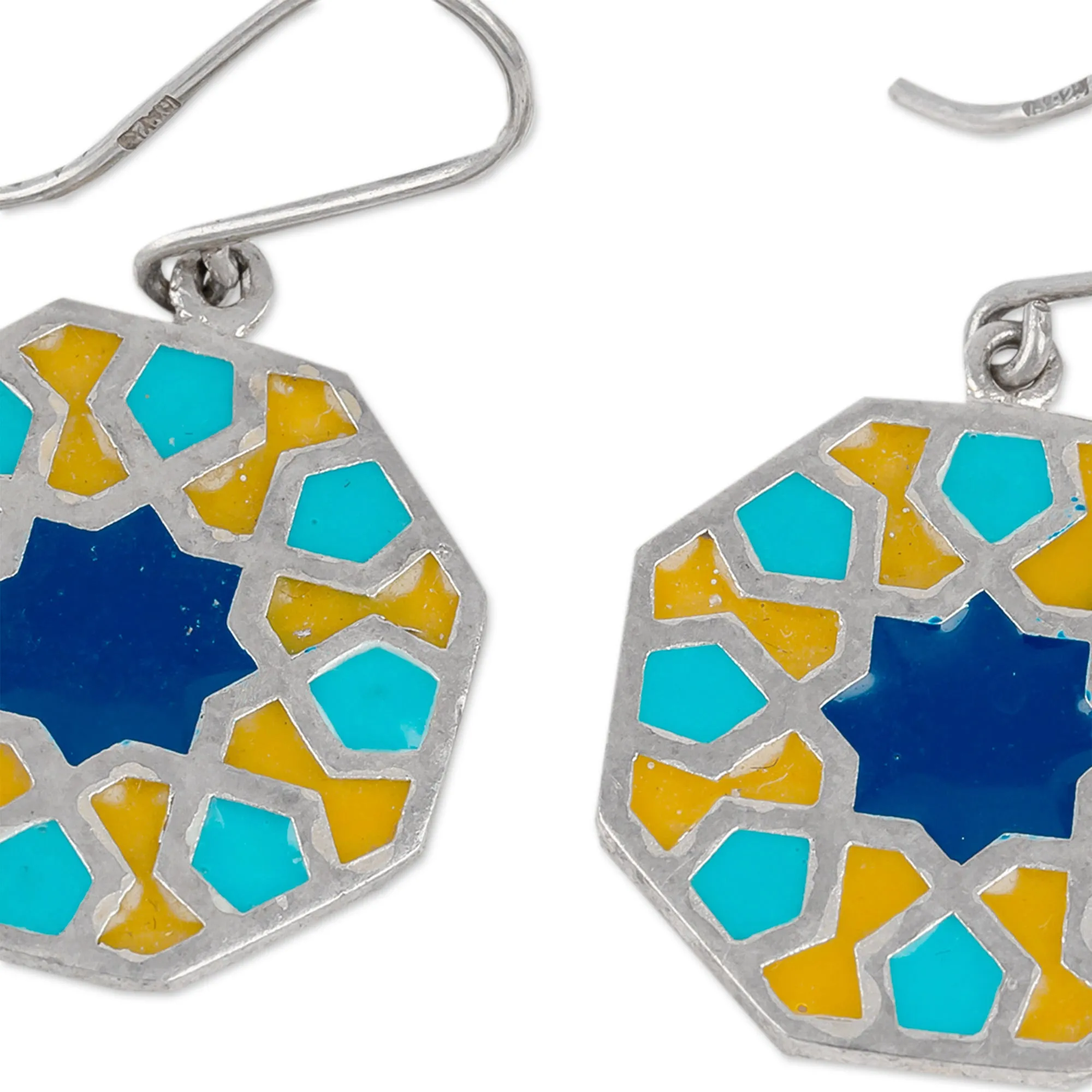 Classic Geometric Painted Sterling Silver Dangle Earrings - Palace Mosaics | NOVICA