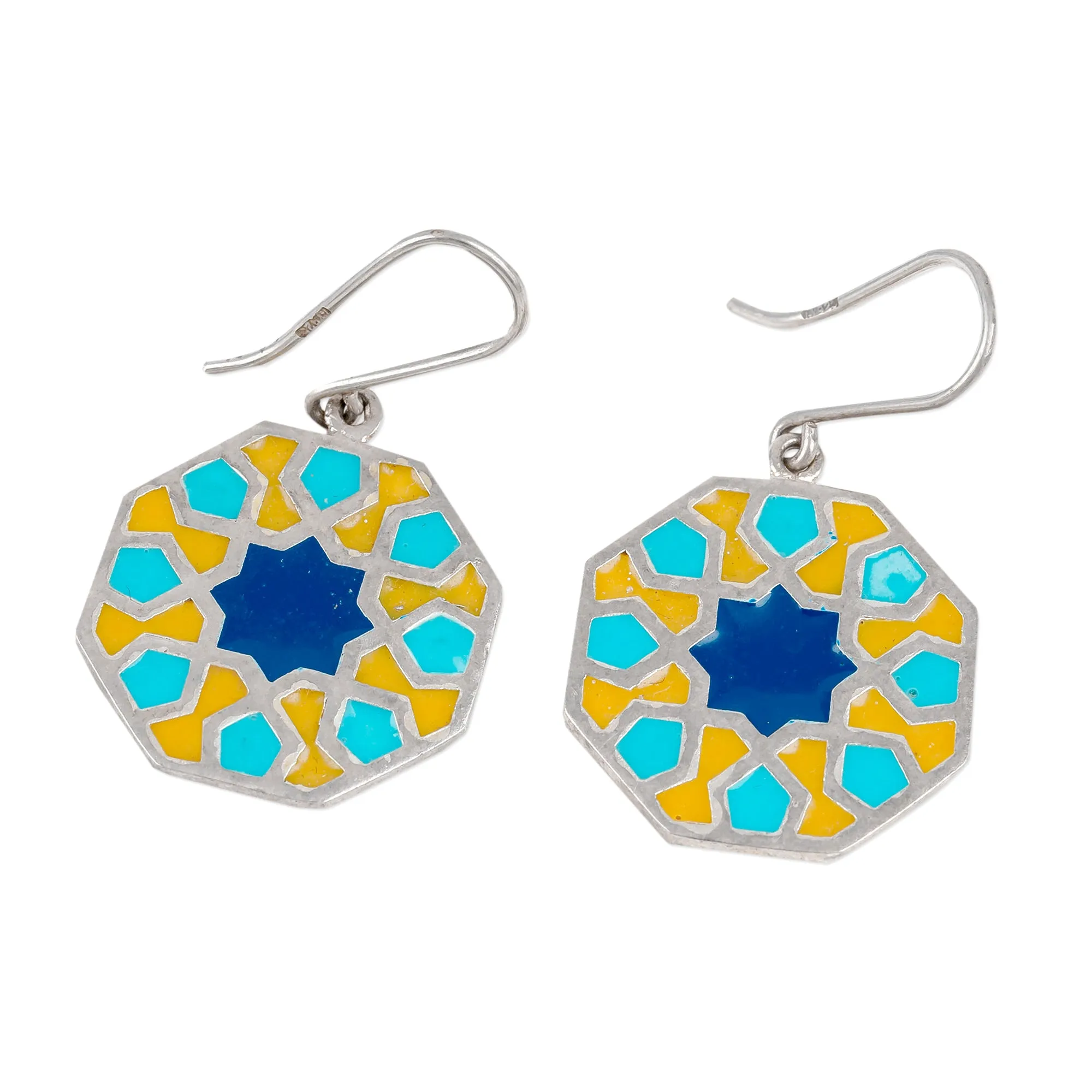 Classic Geometric Painted Sterling Silver Dangle Earrings - Palace Mosaics | NOVICA