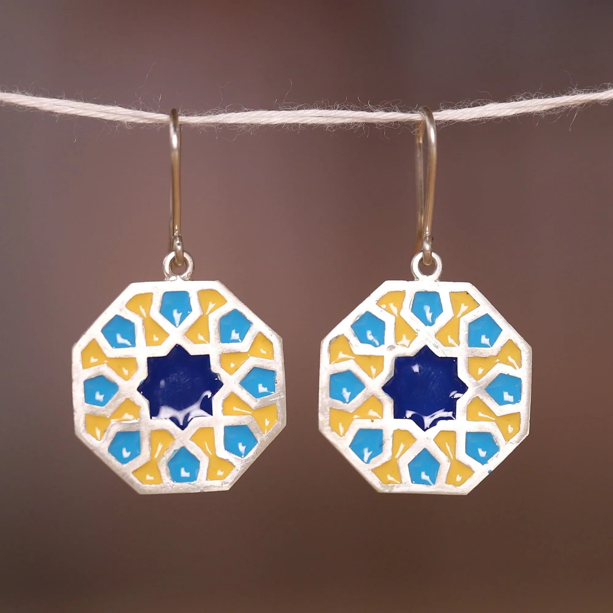 Classic Geometric Painted Sterling Silver Dangle Earrings - Palace Mosaics | NOVICA