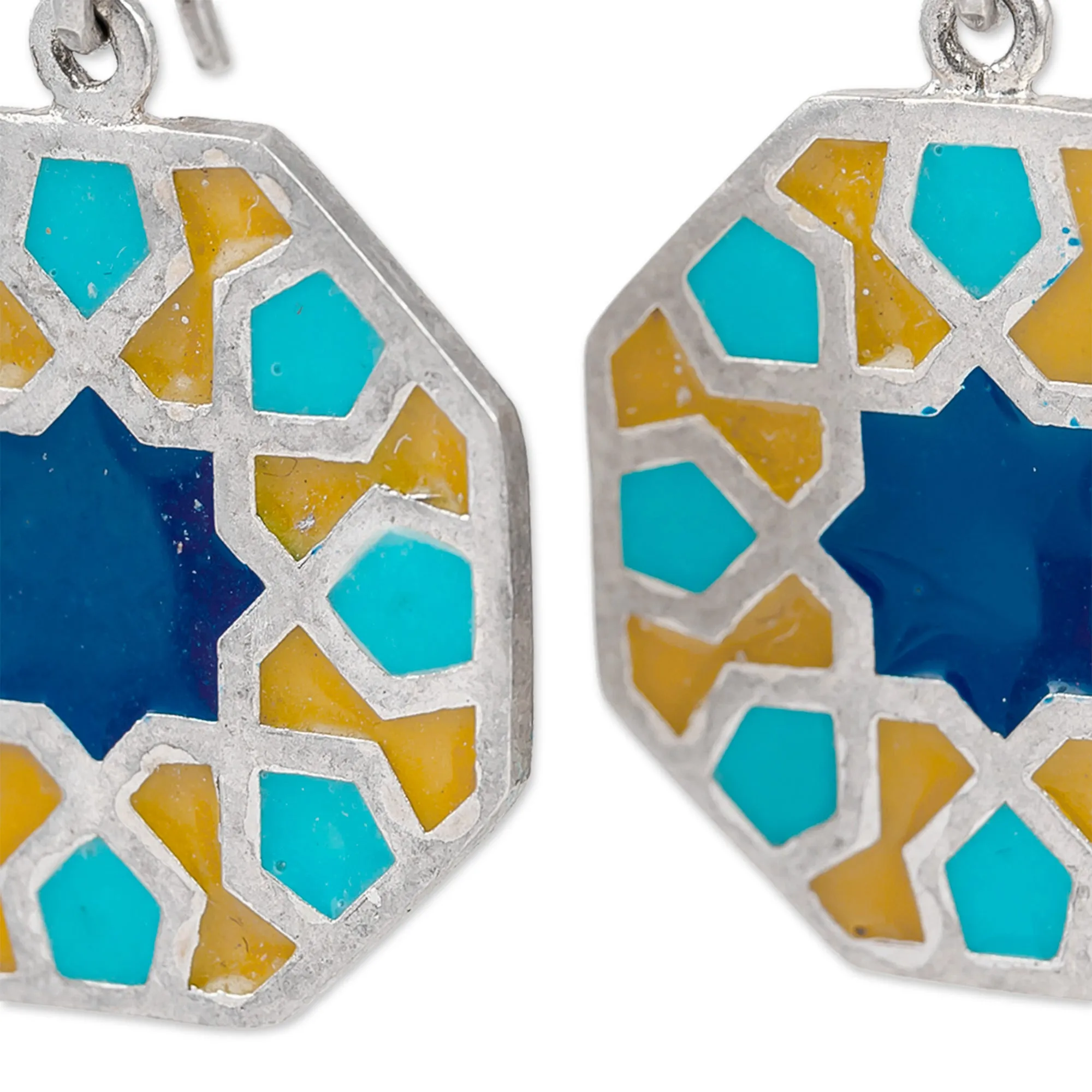 Classic Geometric Painted Sterling Silver Dangle Earrings - Palace Mosaics | NOVICA