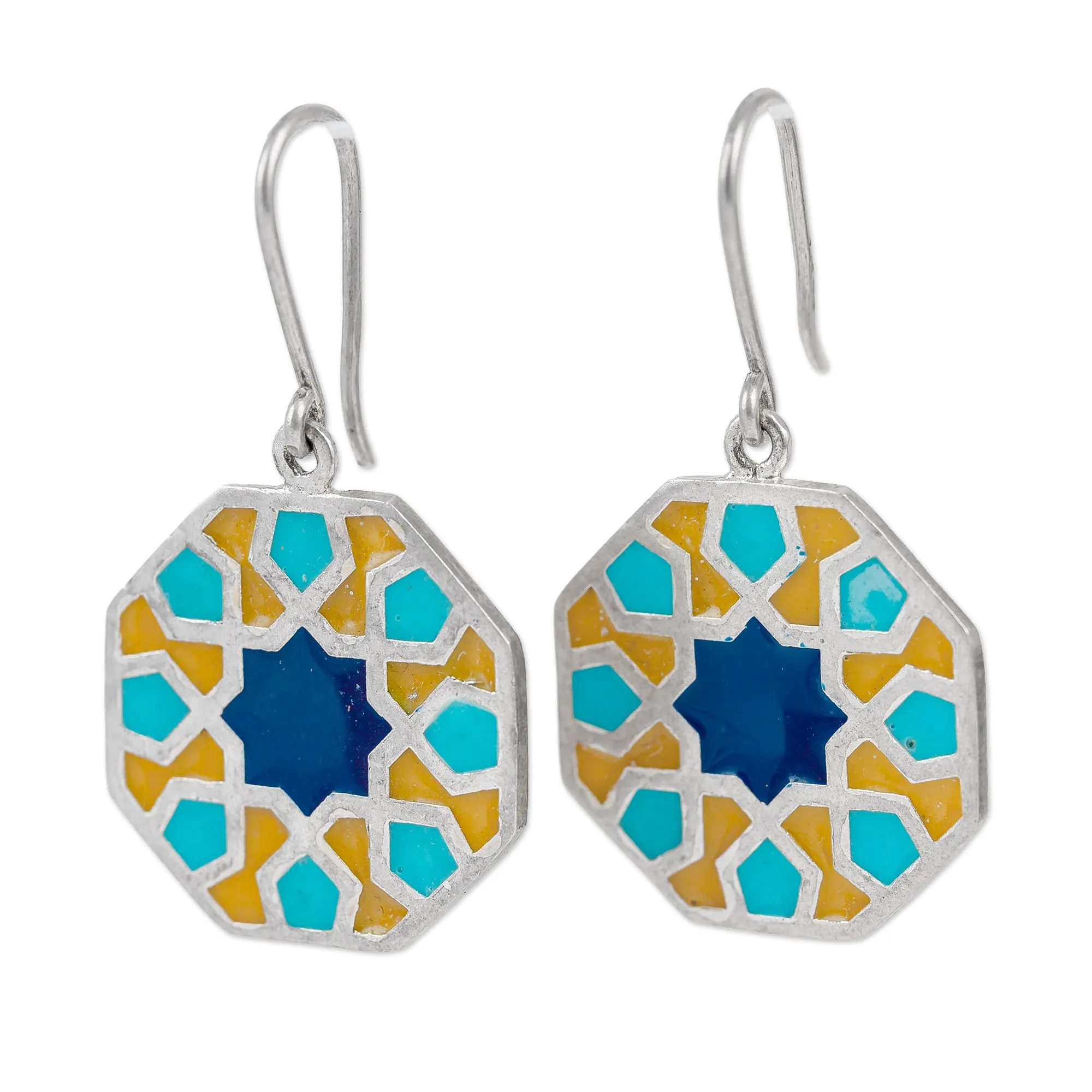 Classic Geometric Painted Sterling Silver Dangle Earrings - Palace Mosaics | NOVICA