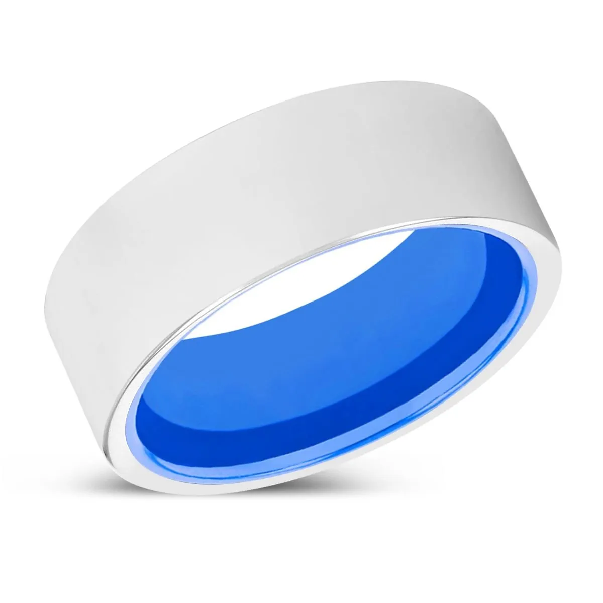 CLIVE | Blue Ring, Silver Tungsten Ring, Shiny, Flat