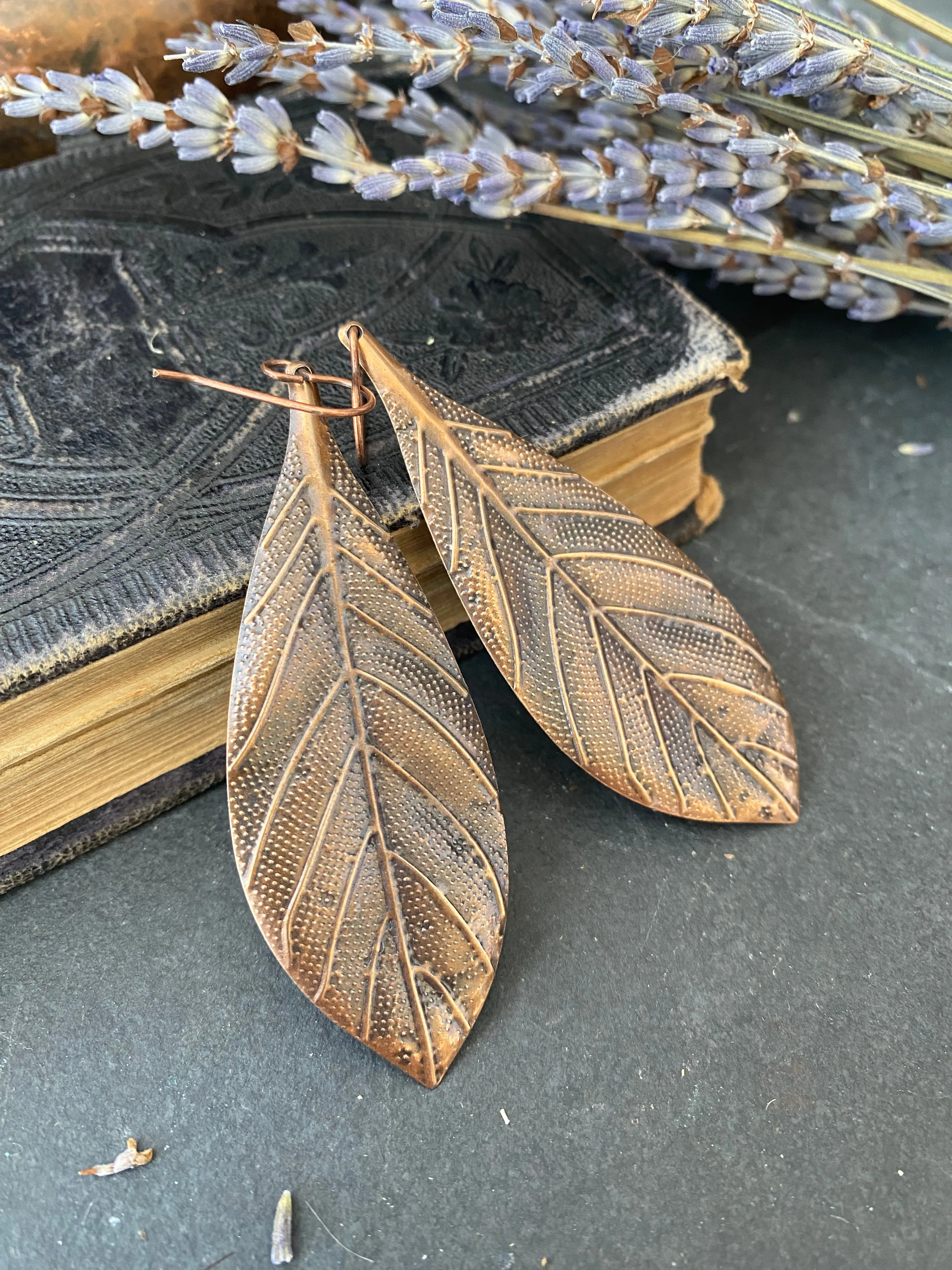 Copper leaves, boho, long drop, copper earrings