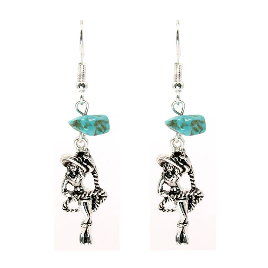 Cowgirl Shape Metal Charm Earrings With Turquoise - N