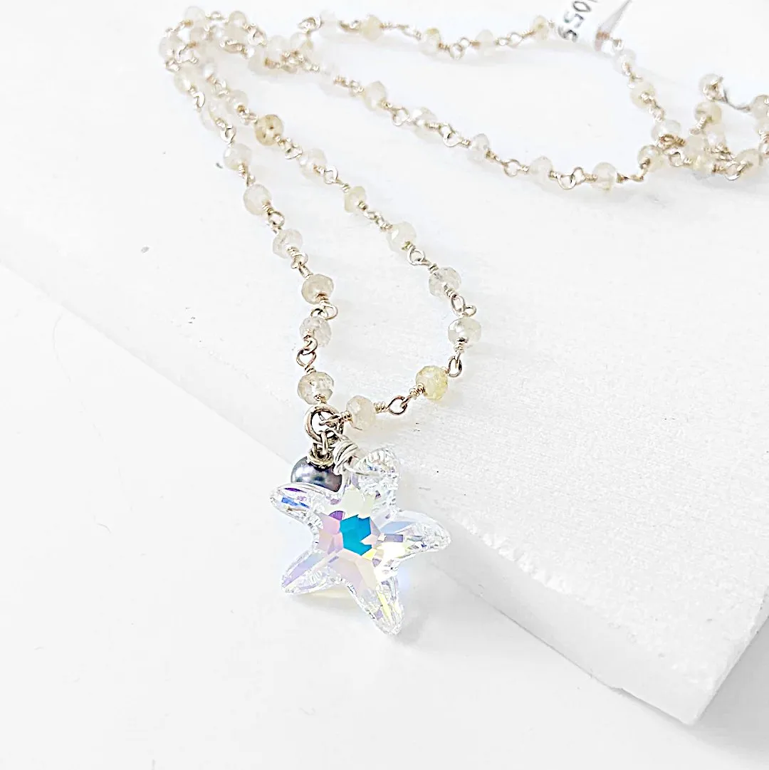 Crystal Starfish, Golden Quartz, Sterling Silver Necklace