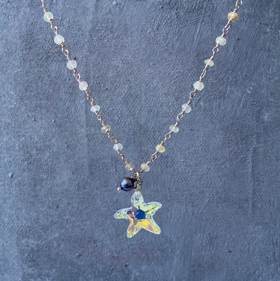 Crystal Starfish, Golden Quartz, Sterling Silver Necklace