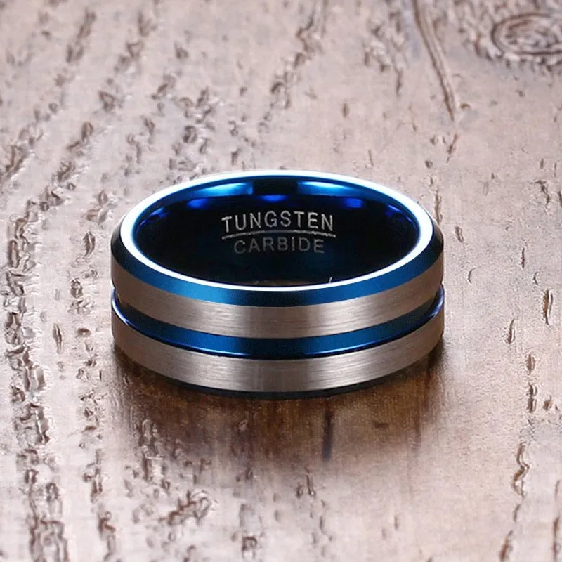 Custom Engraved Mens Tungsten Ring - Blue