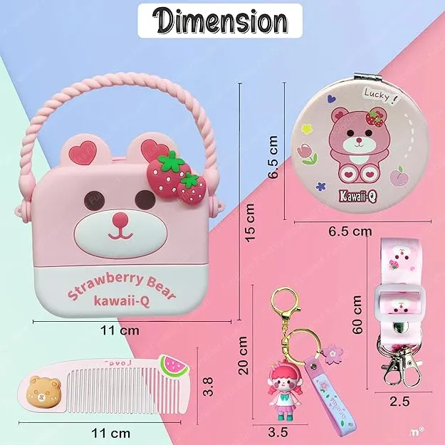 Cute Strawberry Bear Combo For Kids With Mirror, Comb and Silicon Keychain - Pink