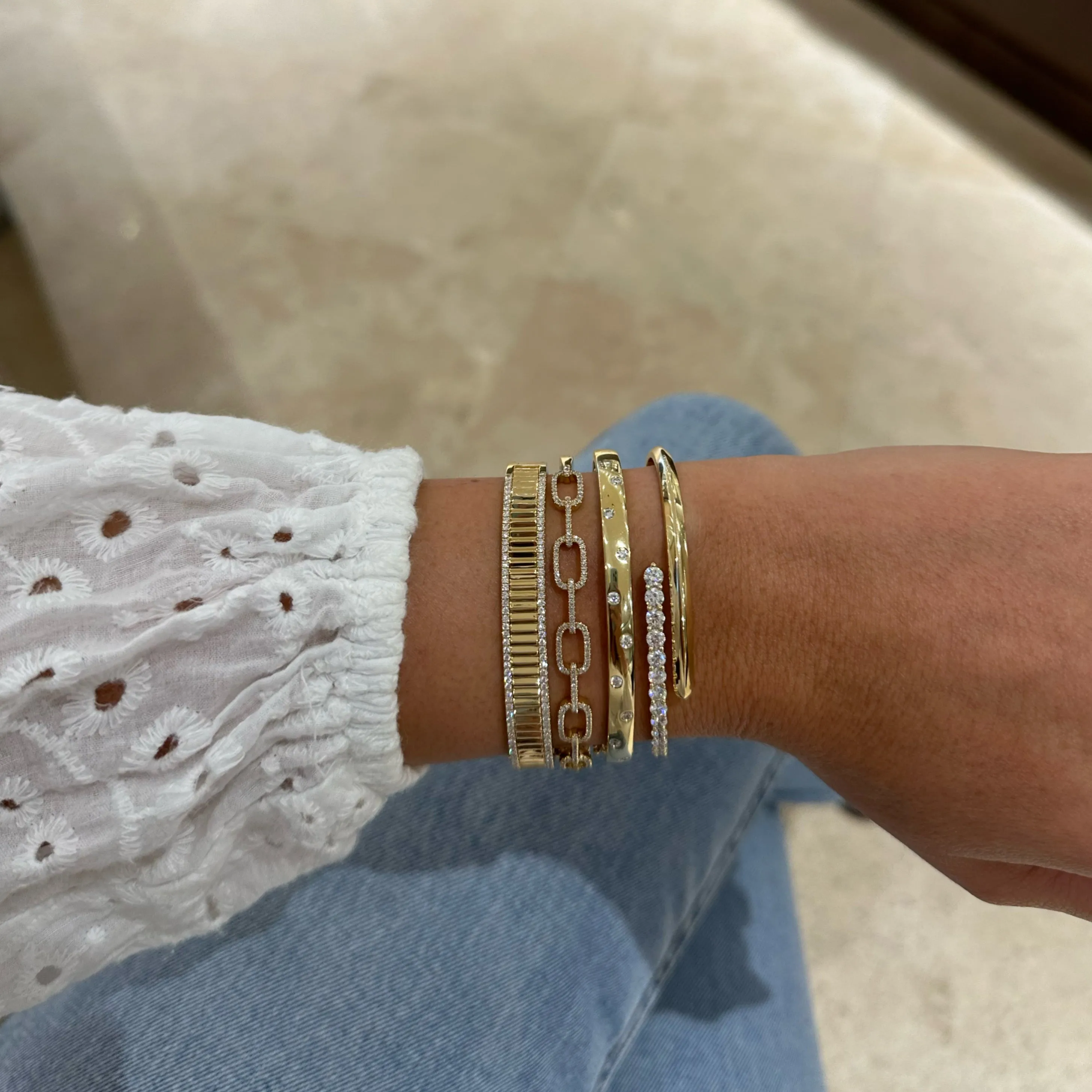 Diamond & Gold Pleated Bangle Bracelet