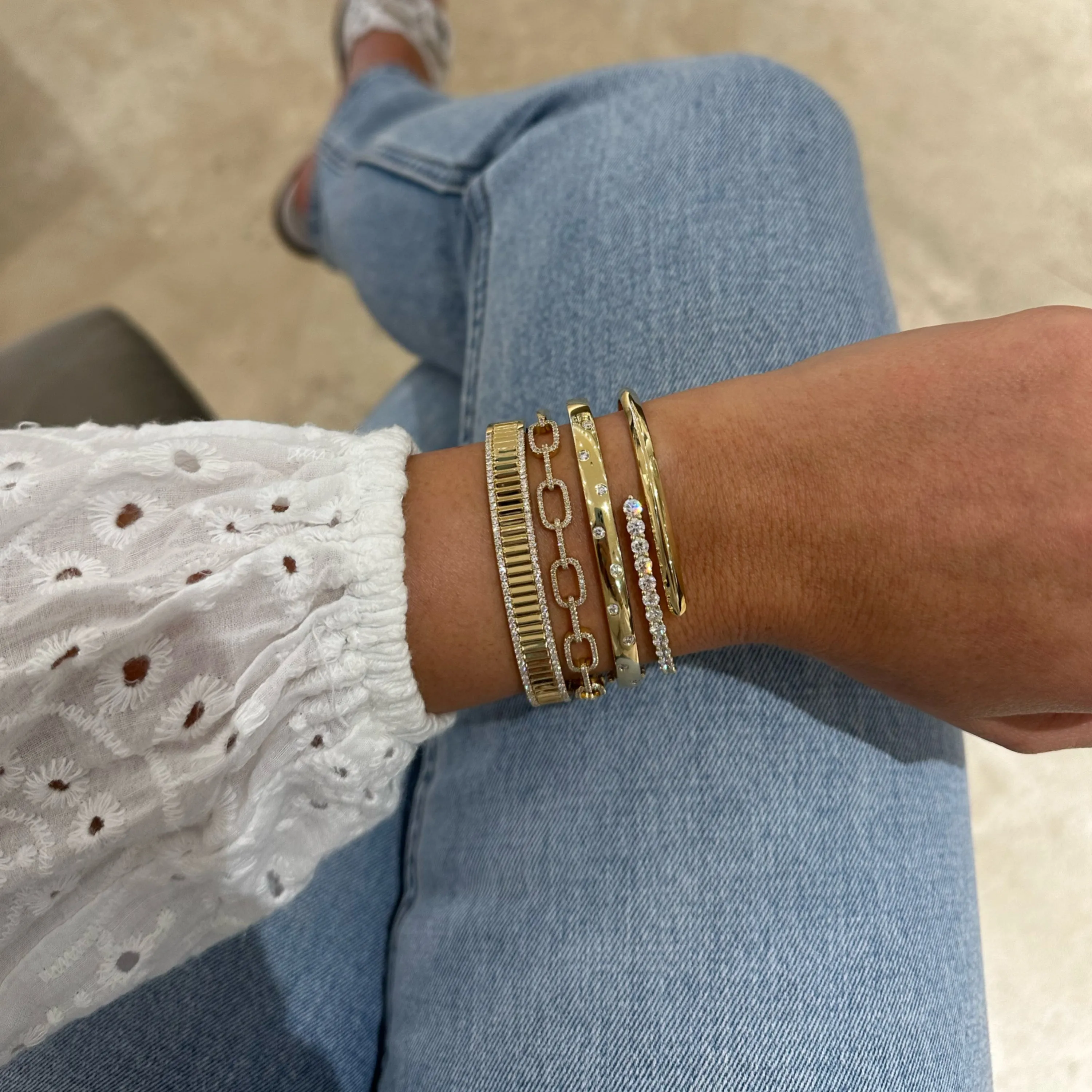 Diamond & Gold Pleated Bangle Bracelet