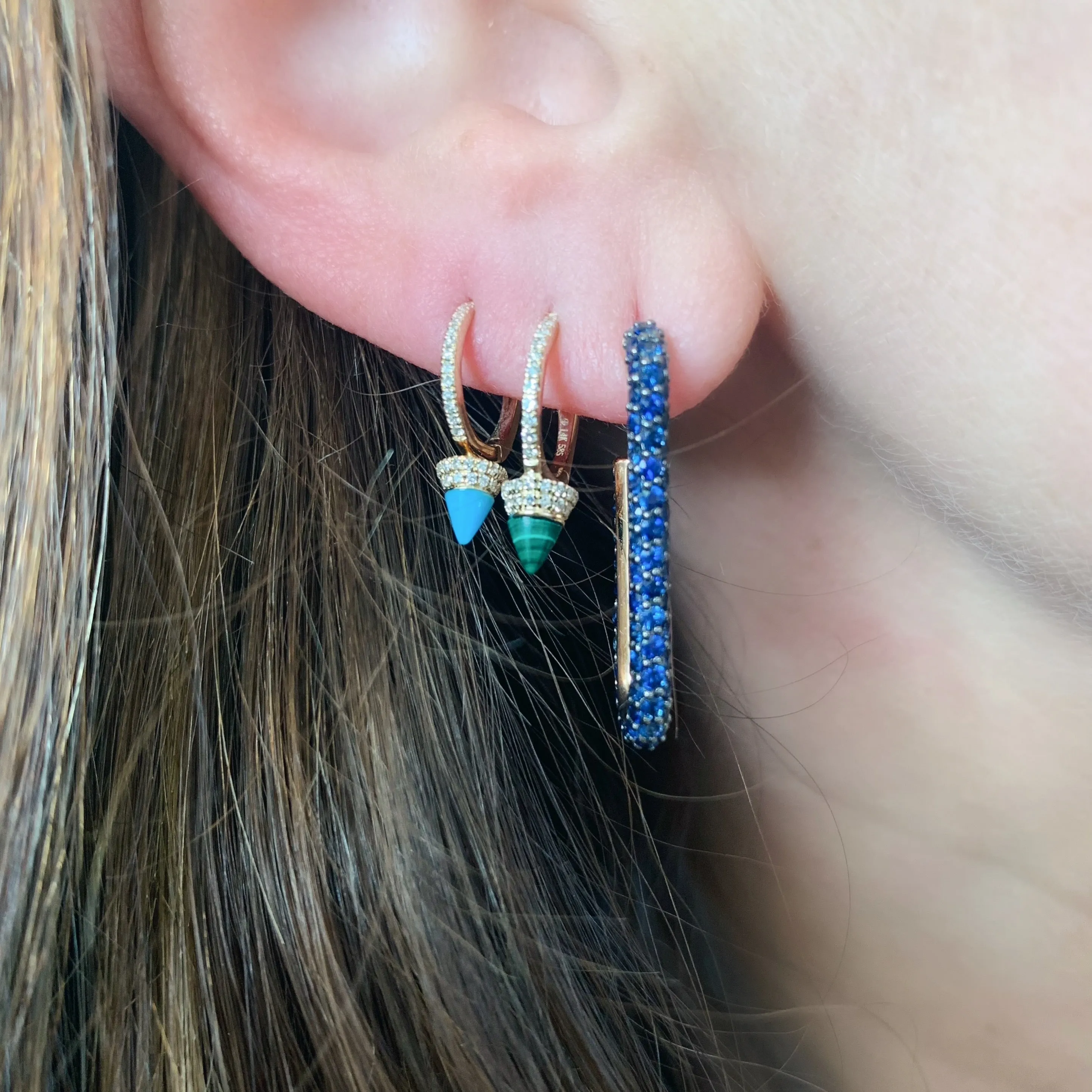 Diamond Huggie Earrings with Turquoise or Malachite Spike