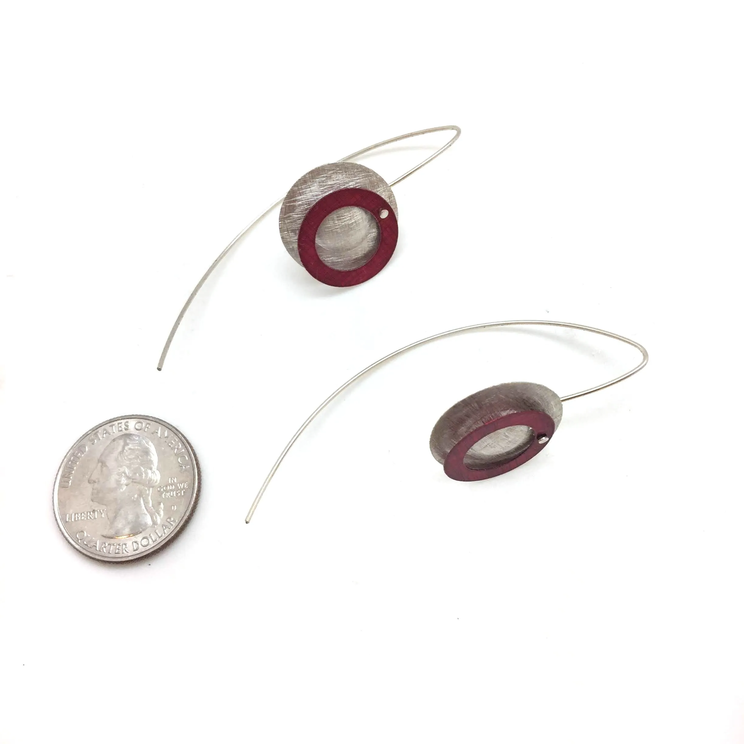 Double Circle Earrings - Silver and Red