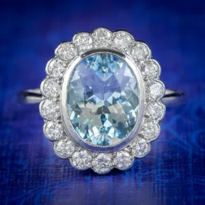 Edwardian Style Aquamarine Diamond Ring Platinum 3.5ct Aqua