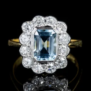 Emerald Cut Aquamarine Diamond Ring 18Ct Gold 1.80Ct Aqua