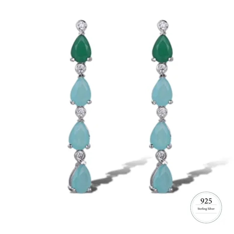 Emerald Green and Aqua Cubic Zarconia Dangle Earrings on Silver