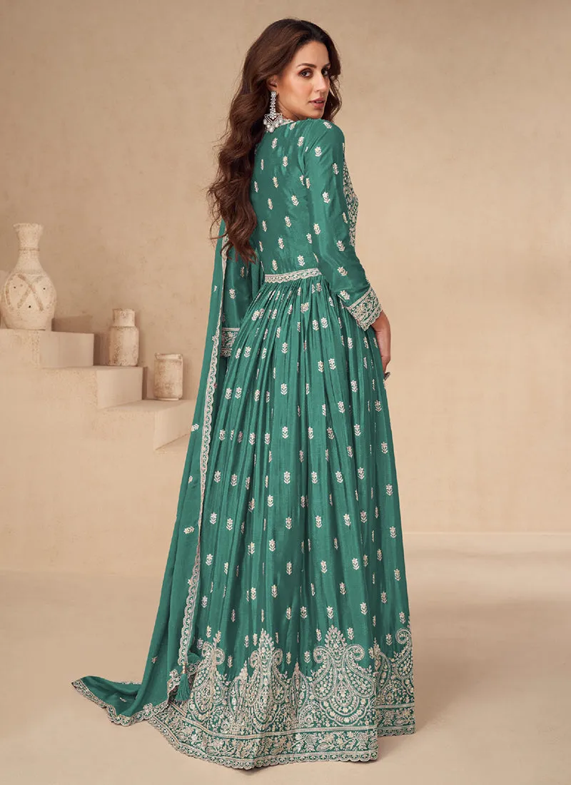 Emerald Green Embroidered Slit Style Anarkali Lehenga