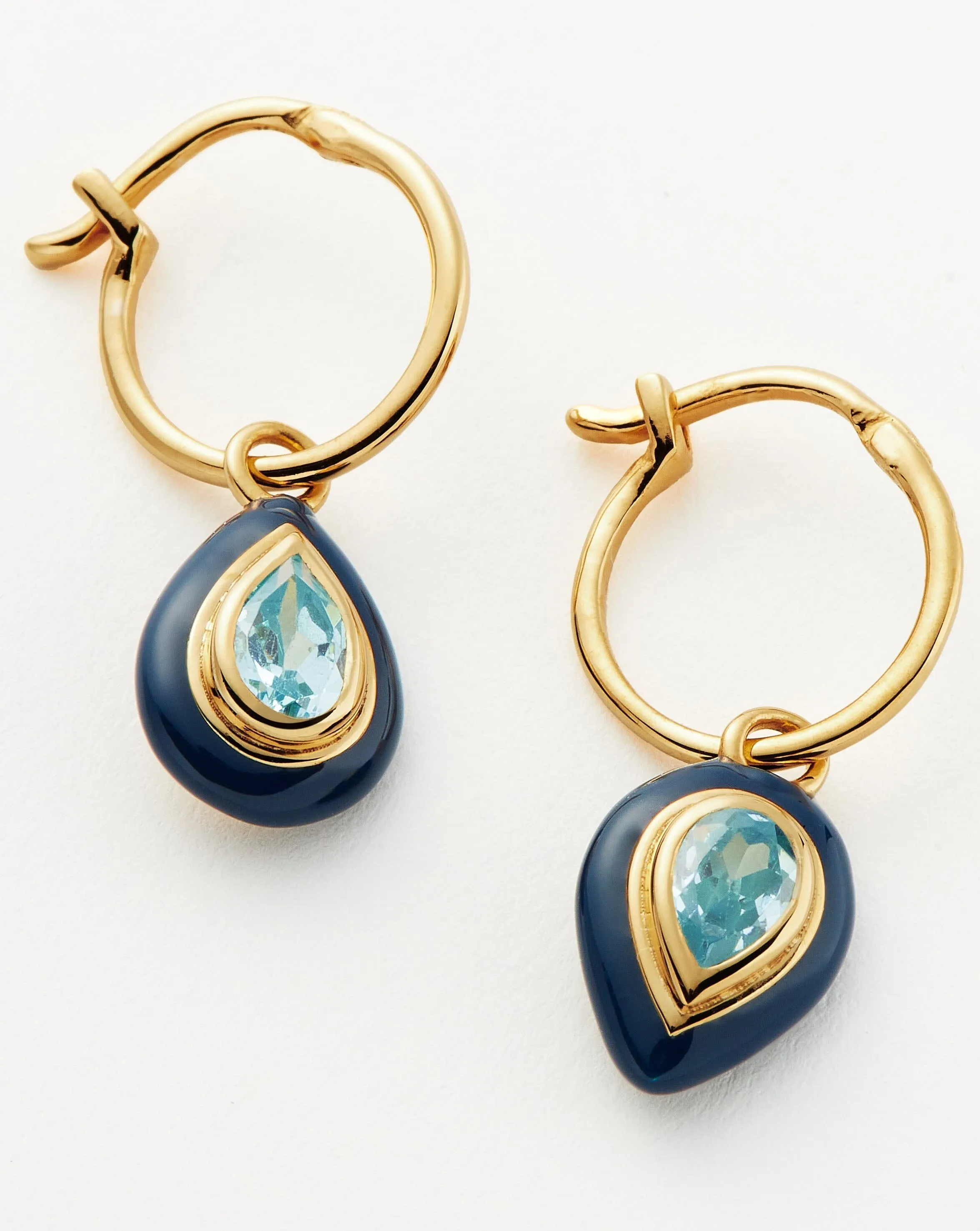 Enamel & Stone Droplet Charm Mini Hoop Earrings | 18k Gold Vermeil/Aqua Blue Cubic Zirconia