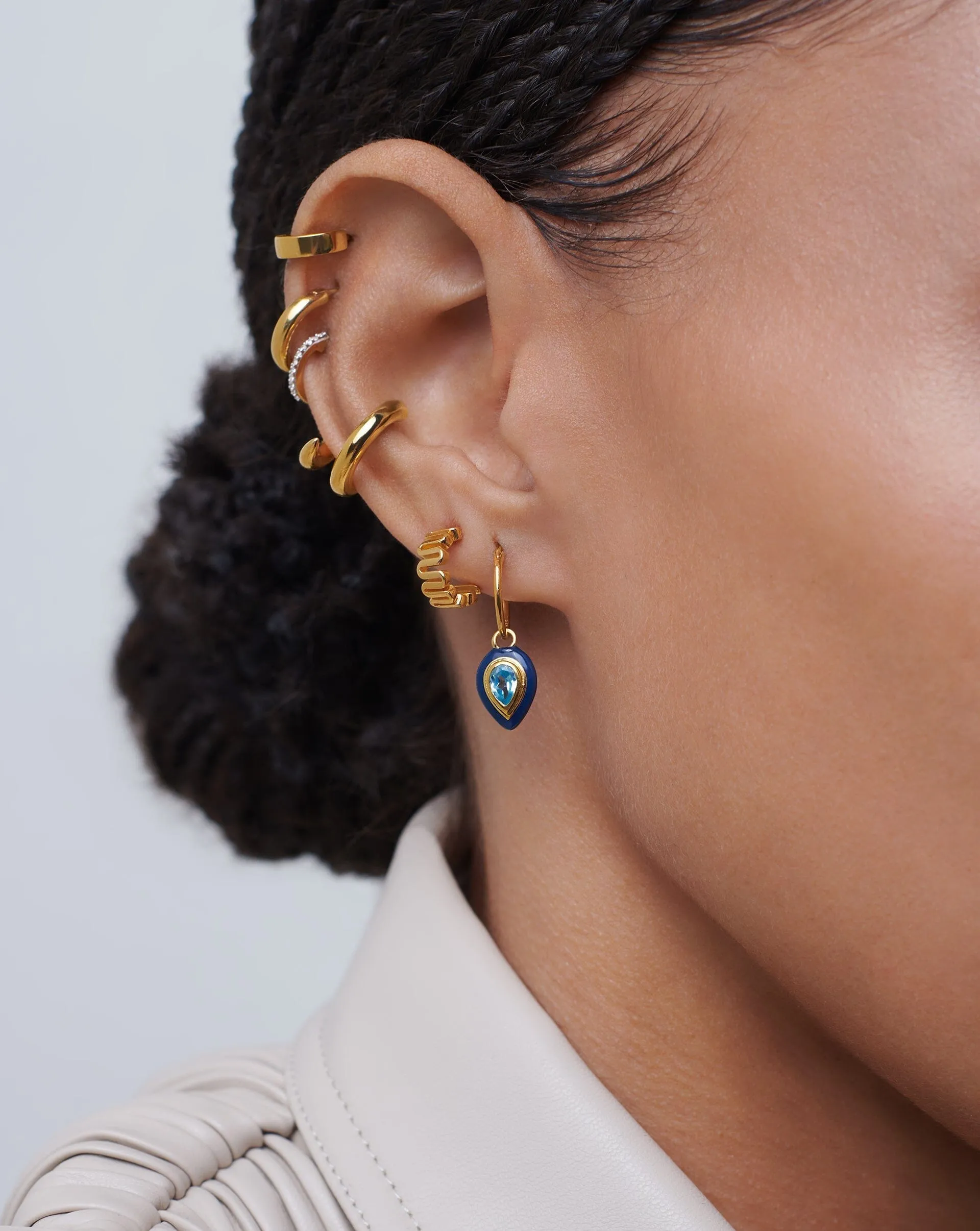 Enamel & Stone Droplet Charm Mini Hoop Earrings | 18k Gold Vermeil/Aqua Blue Cubic Zirconia