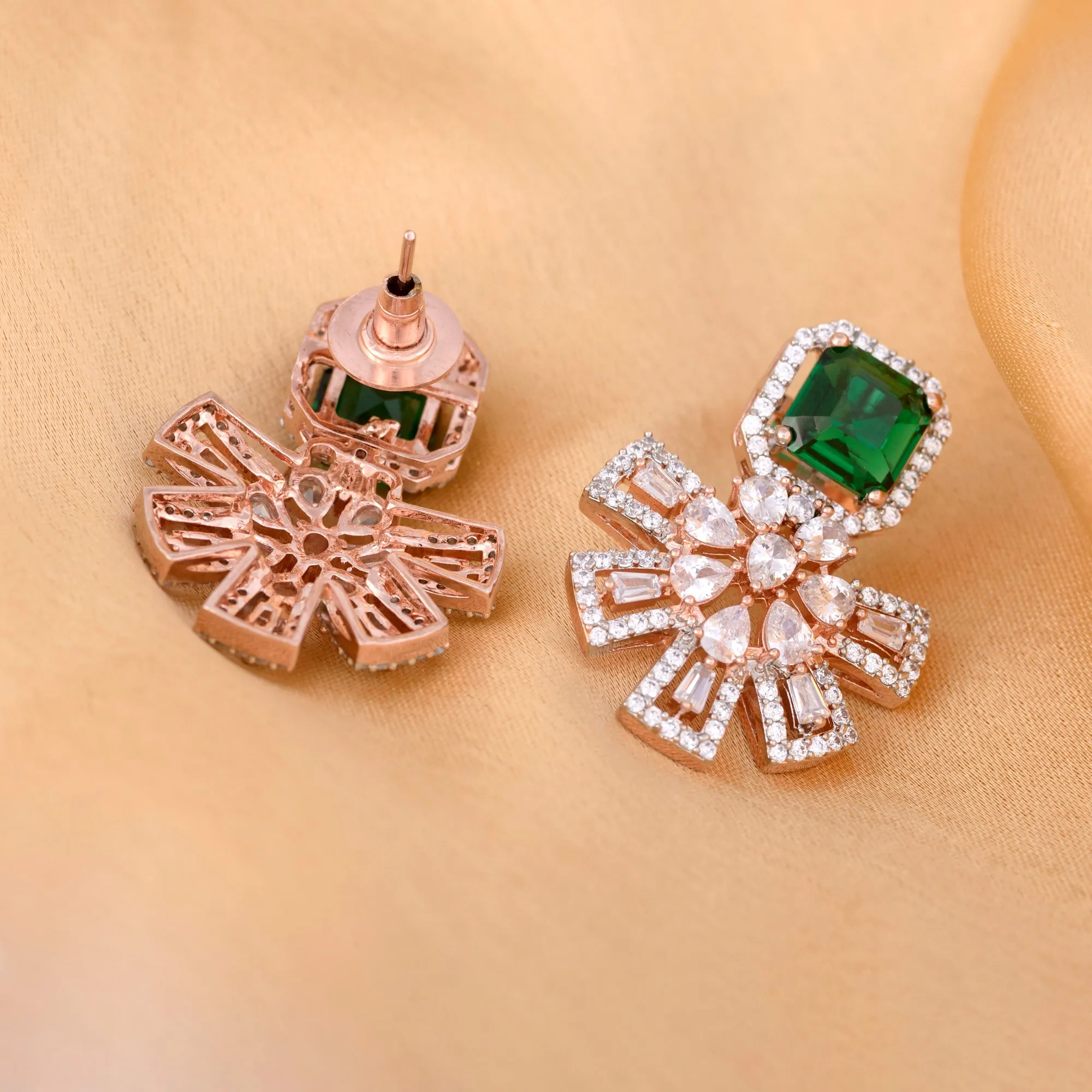 Exquisite Emerald Floral Design Green Earrings Rose Gold Plated American Diamond Studded for Women and Girls - Saraf RS Jewellery