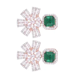 Exquisite Emerald Floral Design Green Earrings Rose Gold Plated American Diamond Studded for Women and Girls - Saraf RS Jewellery