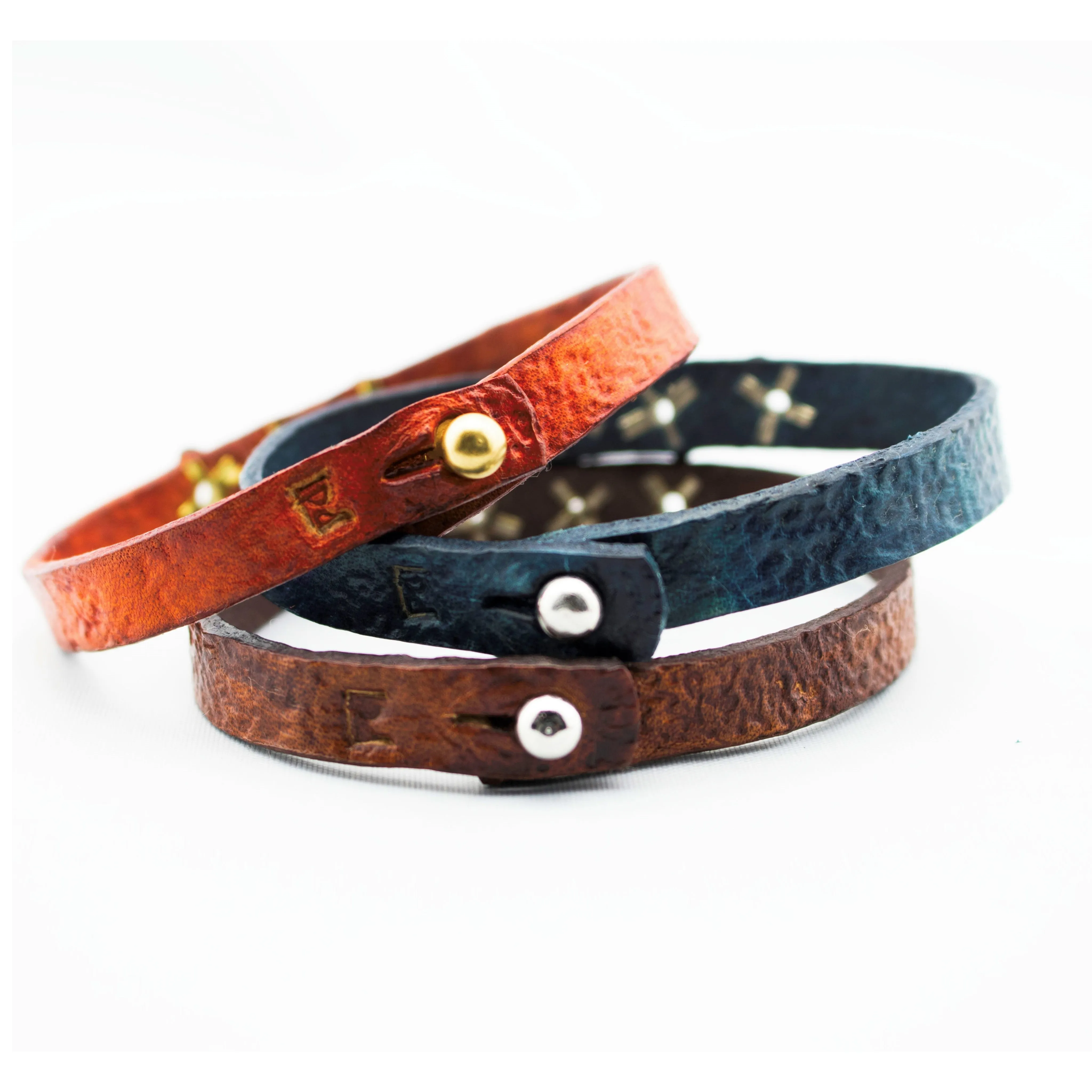 Floral Motif Rustic Leather Bangle with Hand Cut Rivets