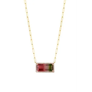 Frederic Sage 14K Rose Gold East to West Watermelon Tourmaline with Diamond Halo on Yellow Gold Paperclip Chain Necklace