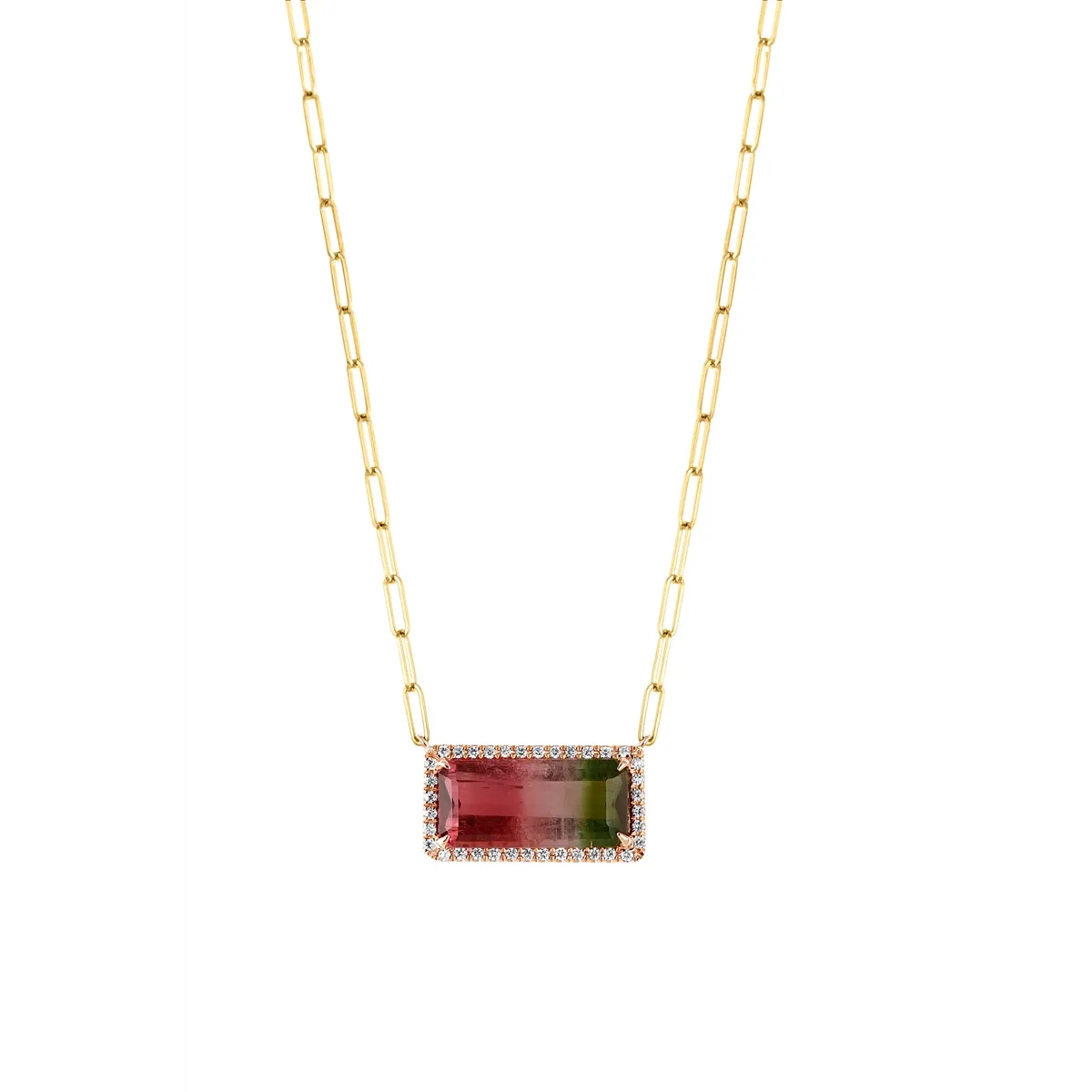 Frederic Sage 14K Rose Gold East to West Watermelon Tourmaline with Diamond Halo on Yellow Gold Paperclip Chain Necklace