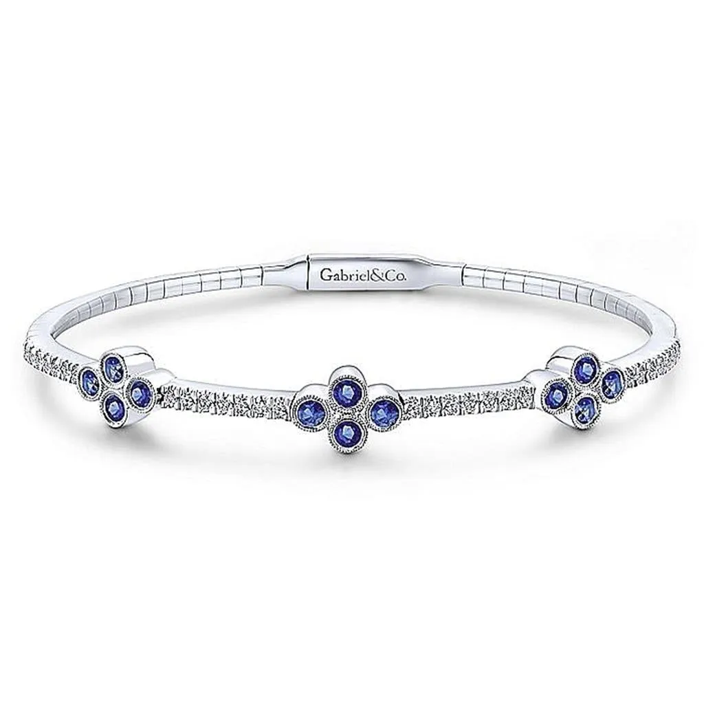 Gabriel & Co. 14k White Gold Bangle With Diamond And Sapphire Quatrefoil Stations