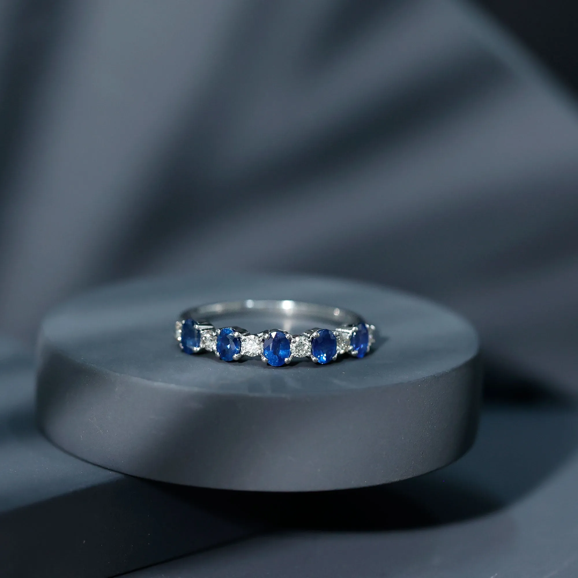 Genuine Blue Sapphire and Diamond Alternate Semi Eternity Ring