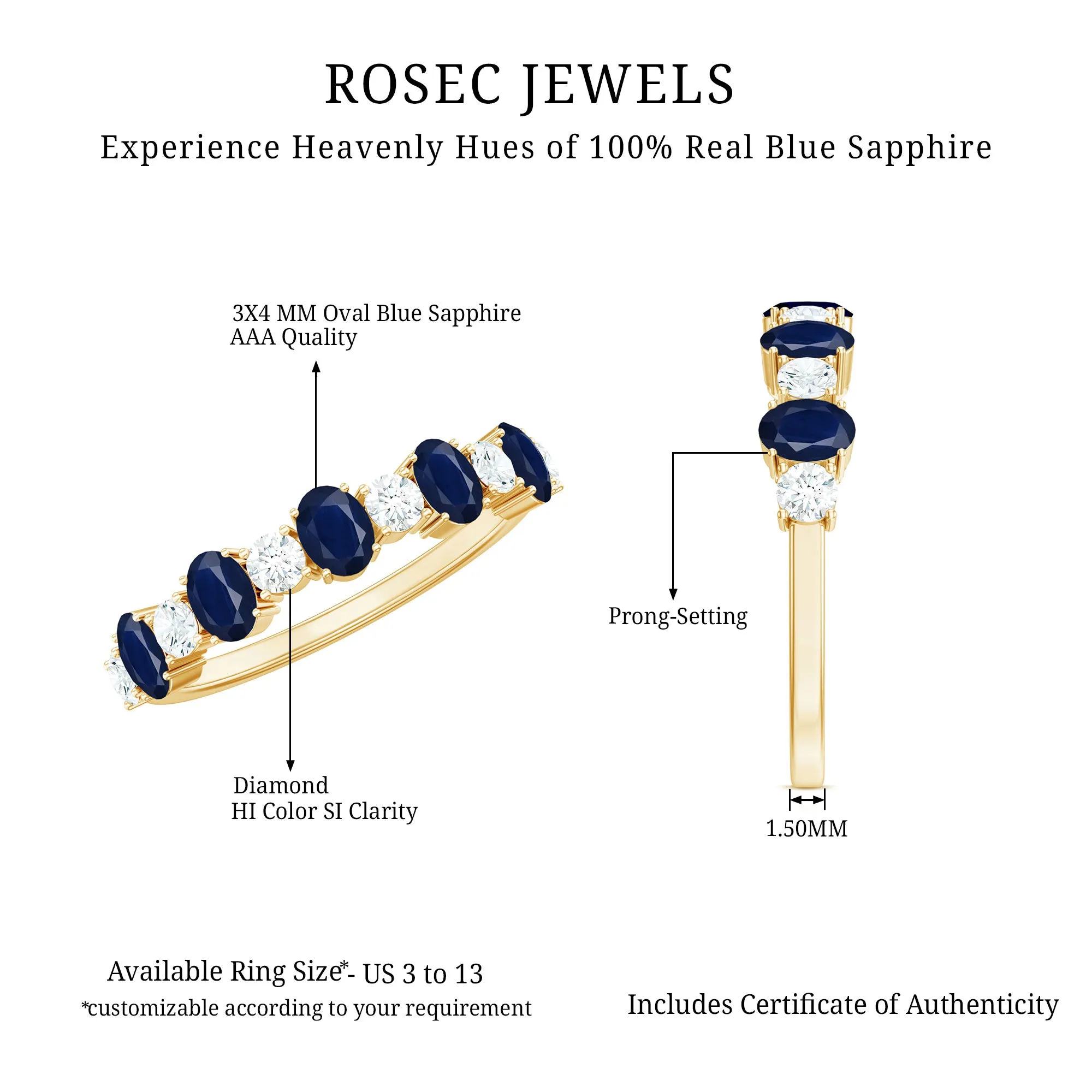 Genuine Blue Sapphire and Diamond Alternate Semi Eternity Ring