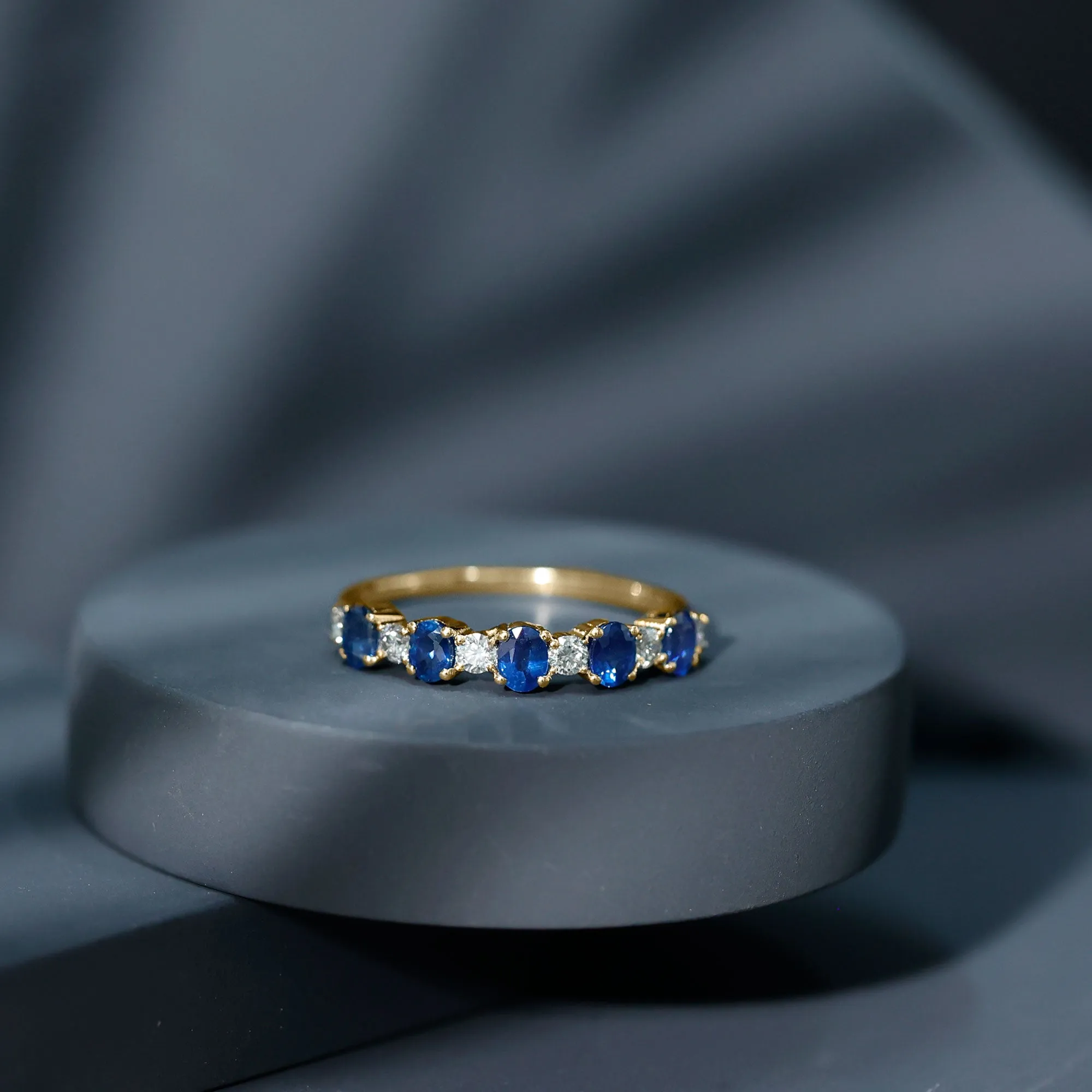 Genuine Blue Sapphire and Diamond Alternate Semi Eternity Ring