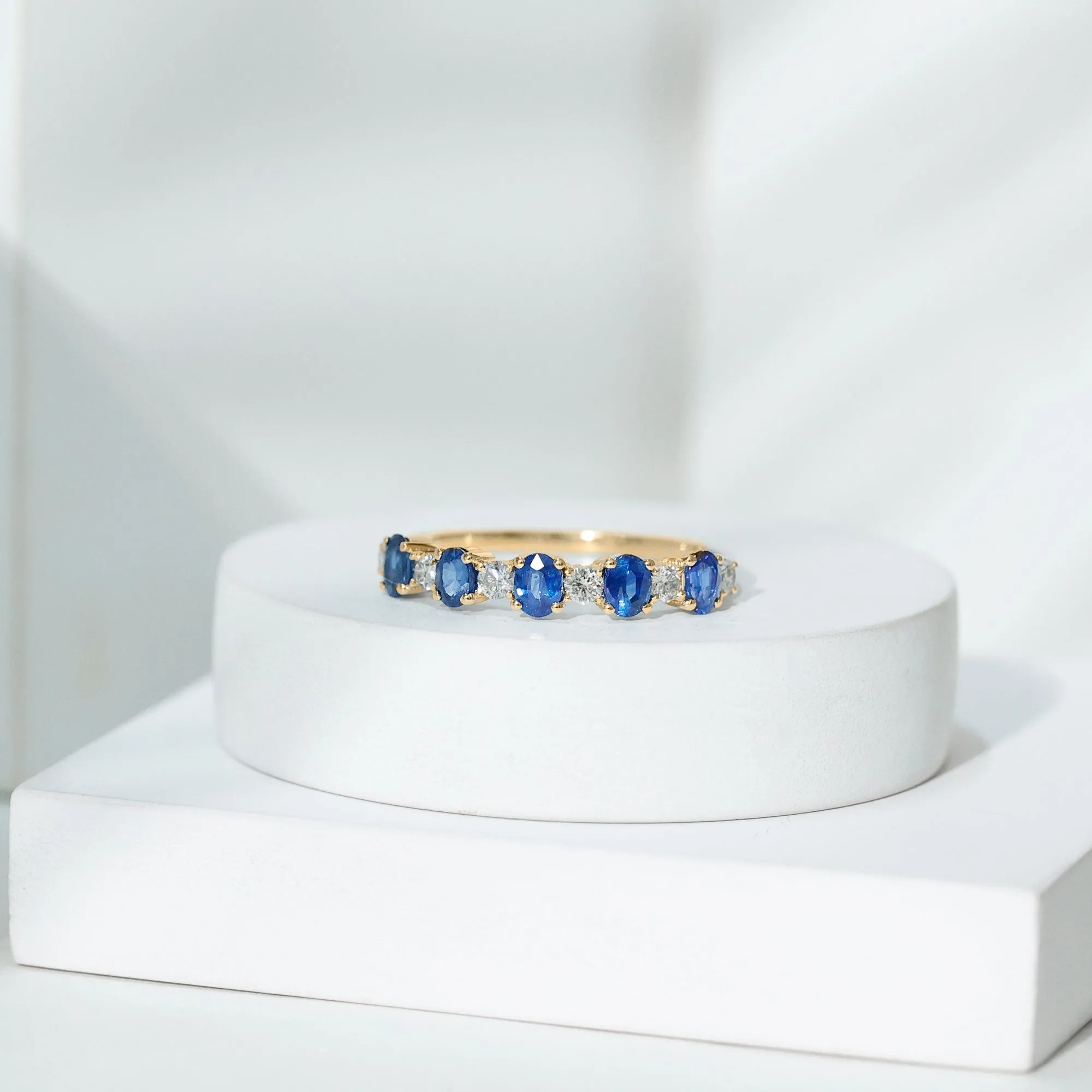 Genuine Blue Sapphire and Diamond Alternate Semi Eternity Ring