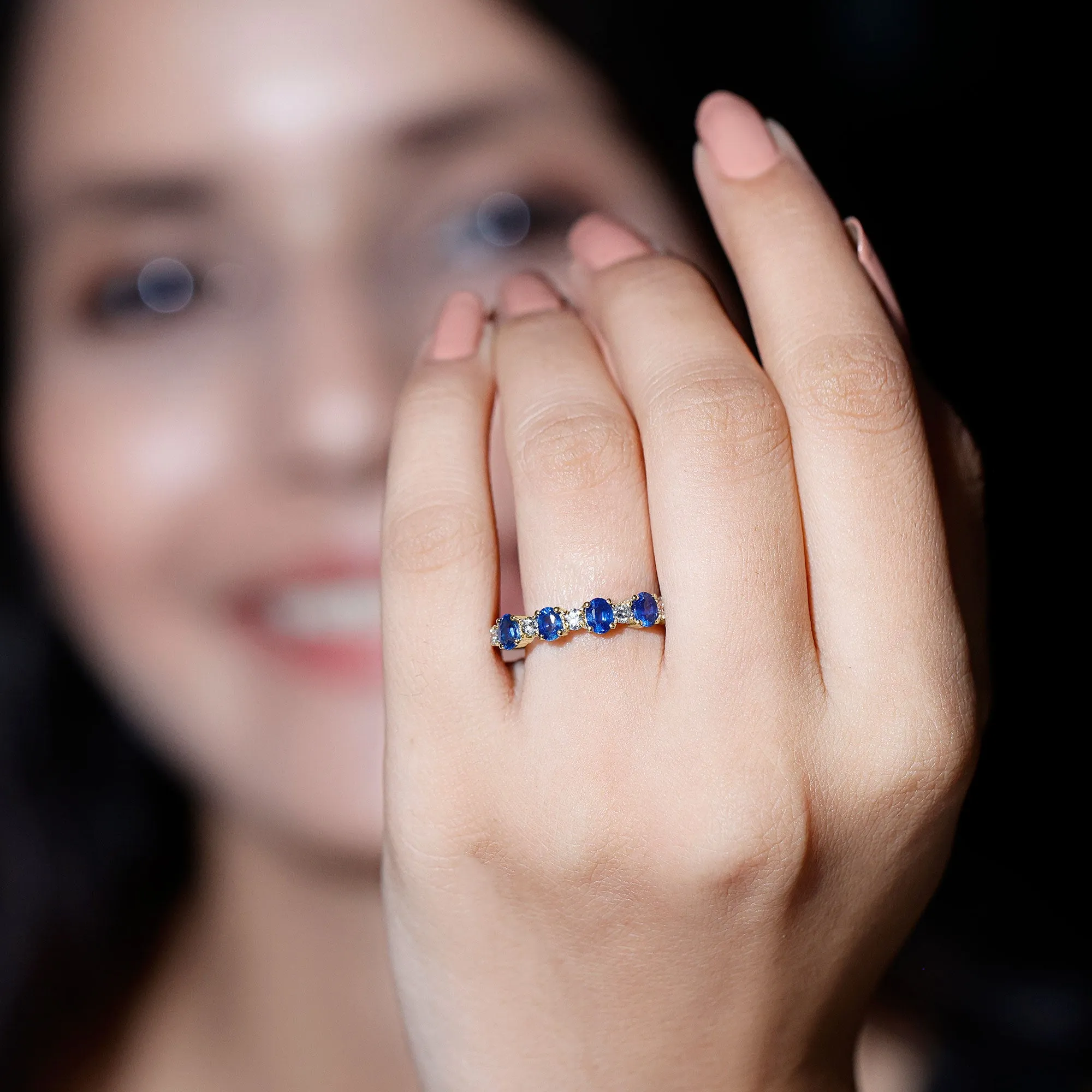 Genuine Blue Sapphire and Diamond Alternate Semi Eternity Ring