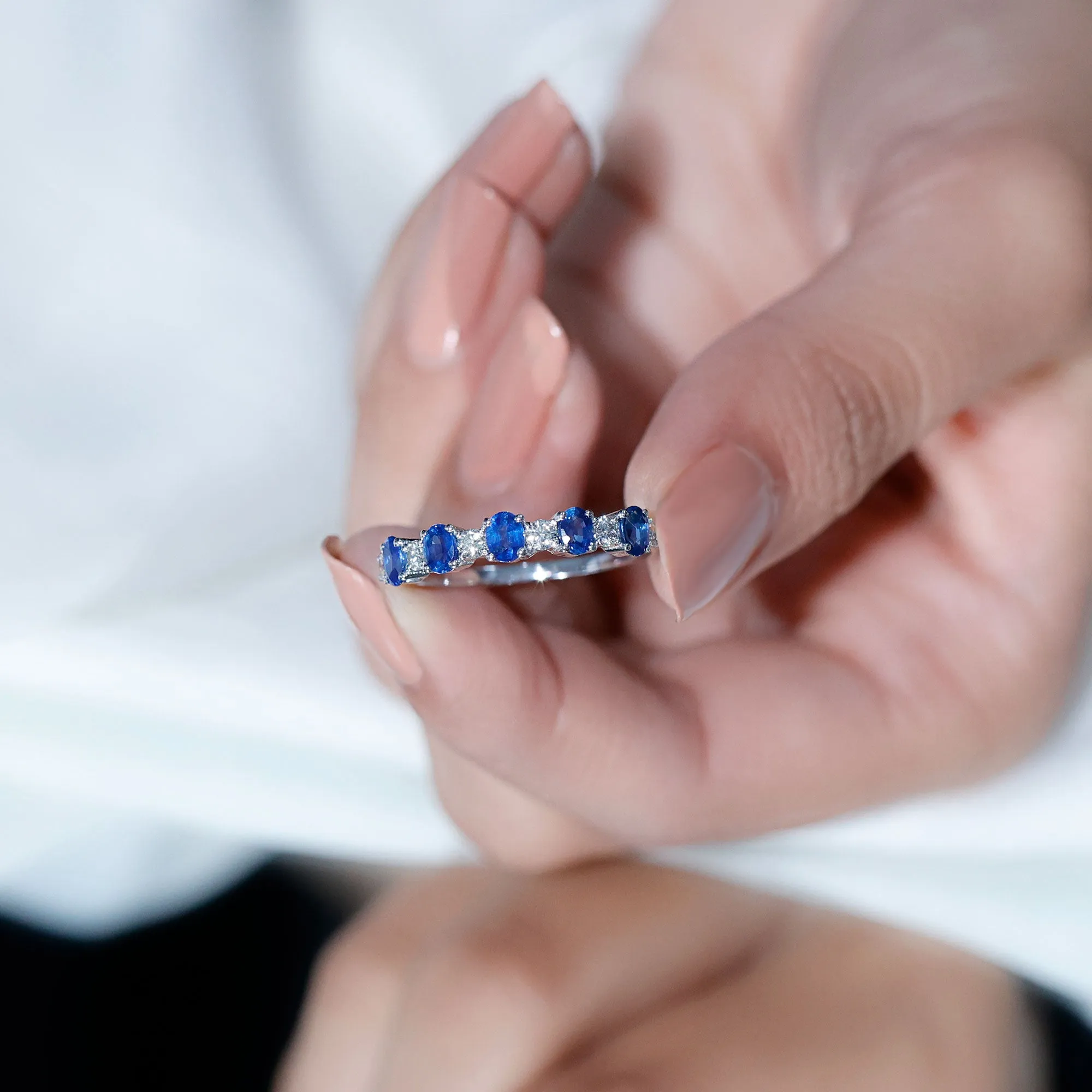 Genuine Blue Sapphire and Diamond Alternate Semi Eternity Ring