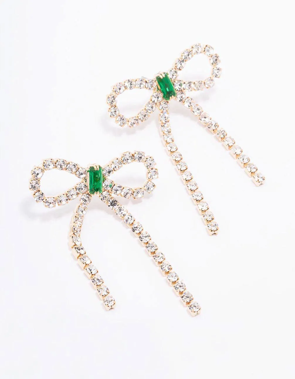 Gold Diamante Emerald Bow Drop Earrings