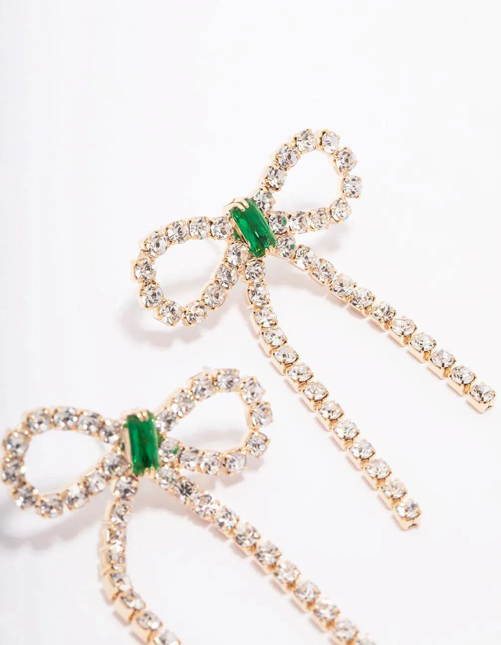 Gold Diamante Emerald Bow Drop Earrings