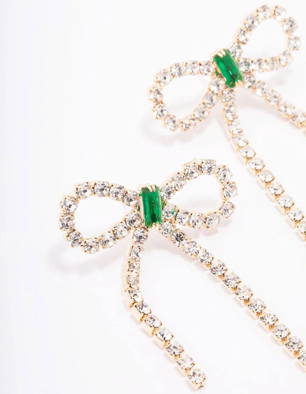 Gold Diamante Emerald Bow Drop Earrings