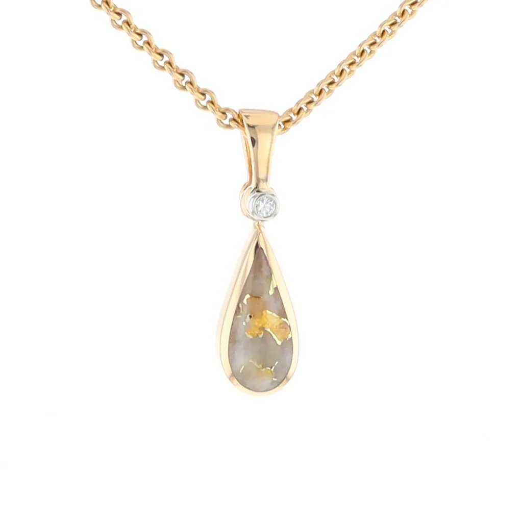 Gold Quartz Pendant Tear Drop Inlaid Design with .02ct Diamond