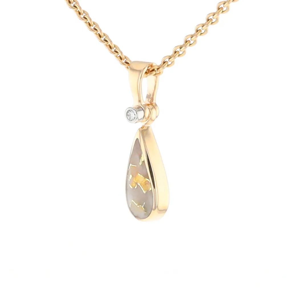 Gold Quartz Pendant Tear Drop Inlaid Design with .02ct Diamond