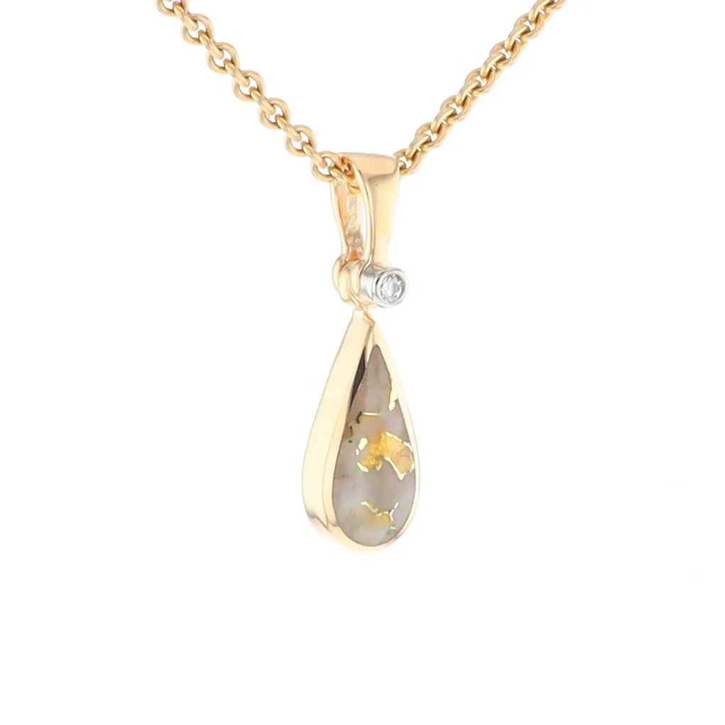 Gold Quartz Pendant Tear Drop Inlaid Design with .02ct Diamond