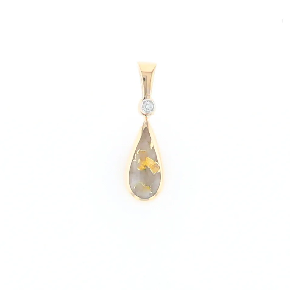 Gold Quartz Pendant Tear Drop Inlaid Design with .02ct Diamond