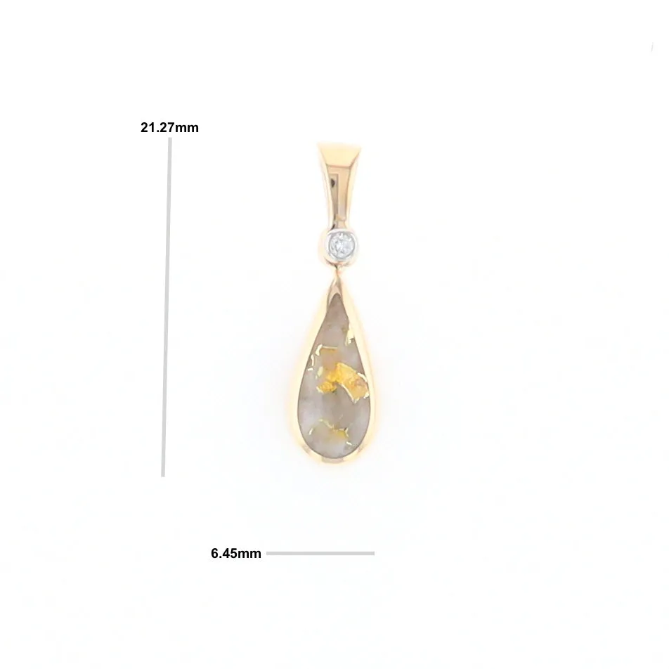 Gold Quartz Pendant Tear Drop Inlaid Design with .02ct Diamond