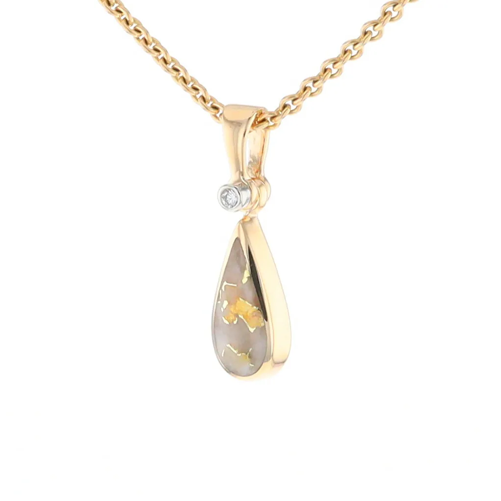 Gold Quartz Pendant Tear Drop Inlaid Design with .02ct Diamond