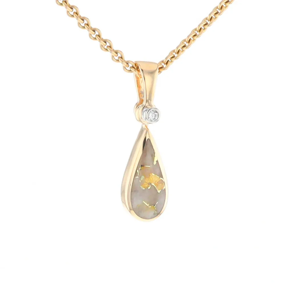 Gold Quartz Pendant Tear Drop Inlaid Design with .02ct Diamond