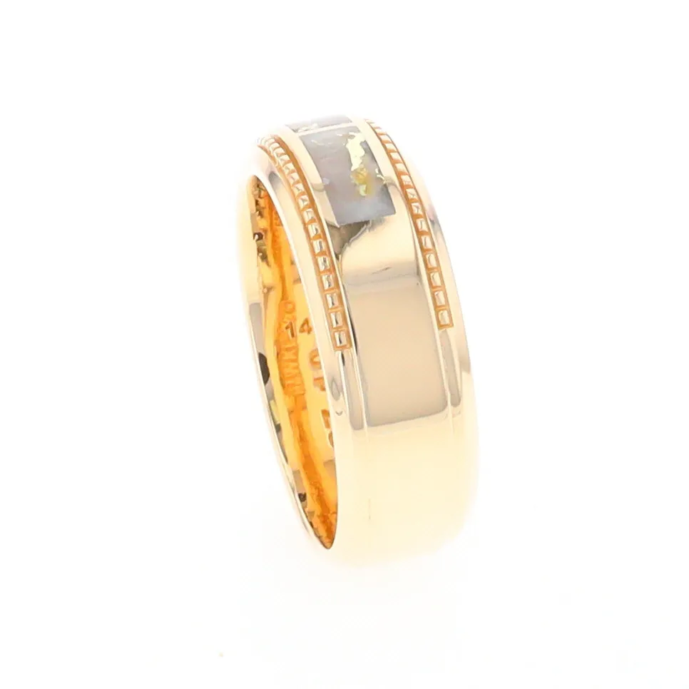 Gold Quartz Ring 3 Section Rectangle Inlaid Milgrain Border Band